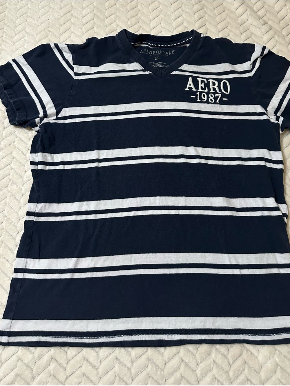 Retro Aeropostale Navy and White Striped Short Sleeve Tee